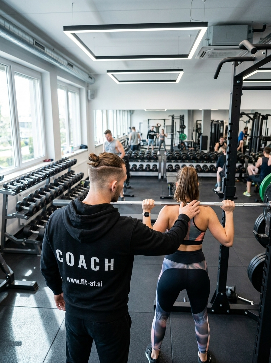 FIT AF osebni trener Ljubljana - vodenje stranke pri squatu
